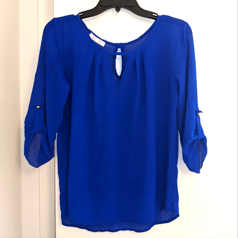 A'GACI Blue Keyhole Rolled Cuff Top Blouse Size Small